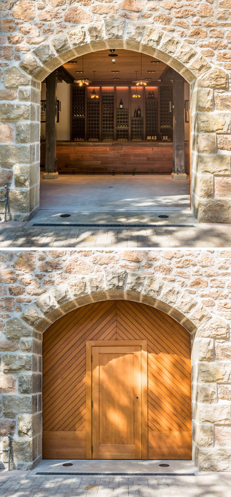 This bar at a vineyard has stone archways and large wooden doors that open up to the courtyard outside.