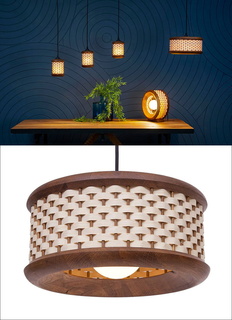 15 Wood Pendant Lights That Add A Natural Touch To Your Decor // These modern pendant lights, inspired by traditional basket weaving, cast a warm glow through the hand woven strips of oak.