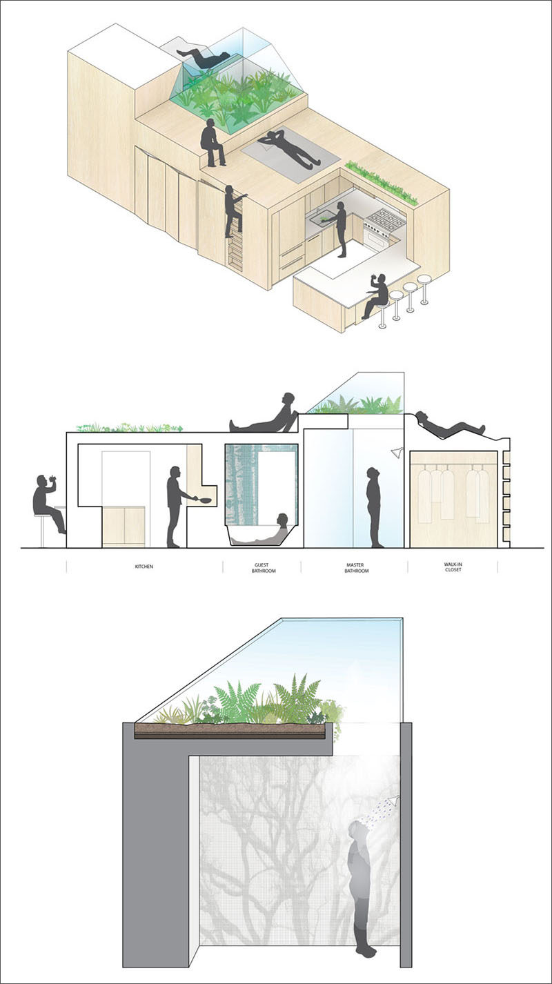 This apartment has a unique 'third space' between the living and sleeping areas that houses the bathrooms and allows plants to grow on top.