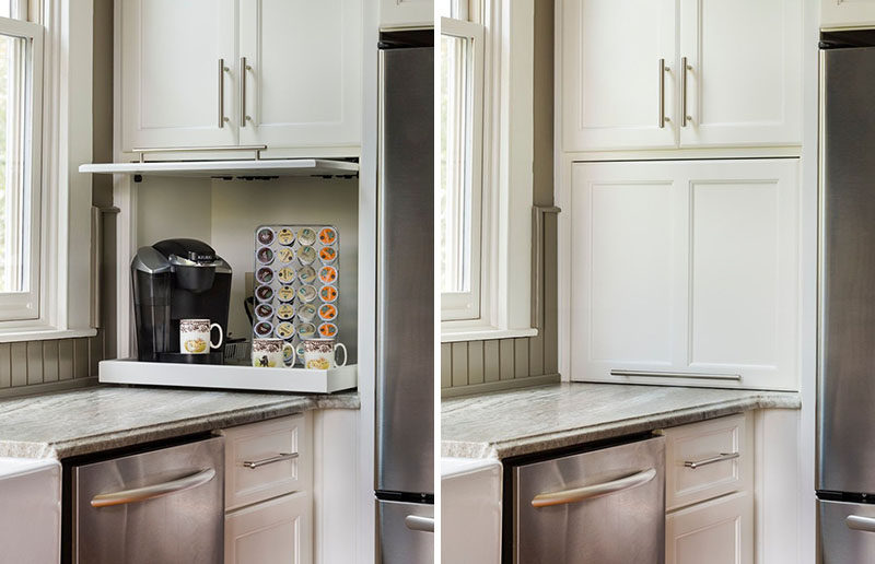 Kitchen Design Idea - Store Your Kitchen Appliances In A Dedicated Appliance Garage // The door of this garage slides opens and tucks into the cabinetry to stay out of the way while the shelf inside pulls out to make the coffee machine more easily accessible.  #ApplianceGarage #KitchenIdeas #KitchenDesign