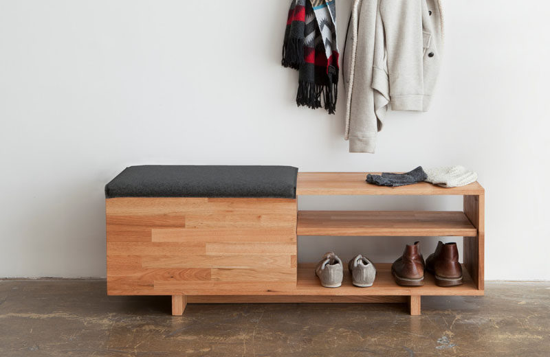 Entryway Design Ideas - 3 Different Styles Of Entryway Benches // A simple bench like this one is great in small spaces where storage is lacking. Shoes or baskets fill the shelves and things you don't use often can be tossed into the storage compartment under the soft seat.