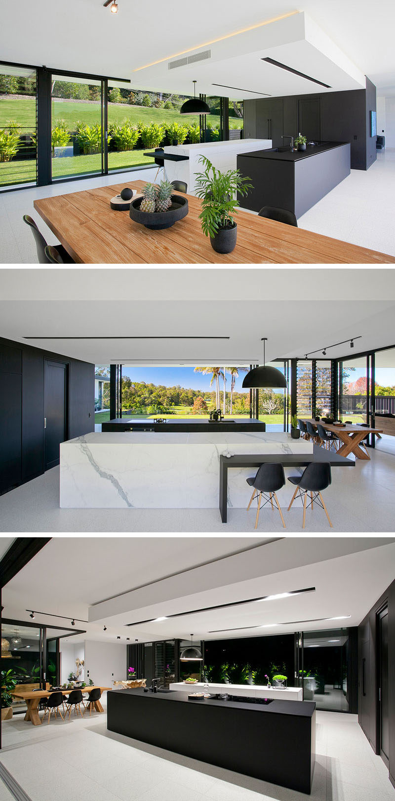 In this minimalist kitchen, fine matte black laminate and marble-look porcelain were used in the design of the islands, and a large black box hides the essentials of the kitchen. Inside there's plenty of storage, an additional butlers sink and extra prep space.