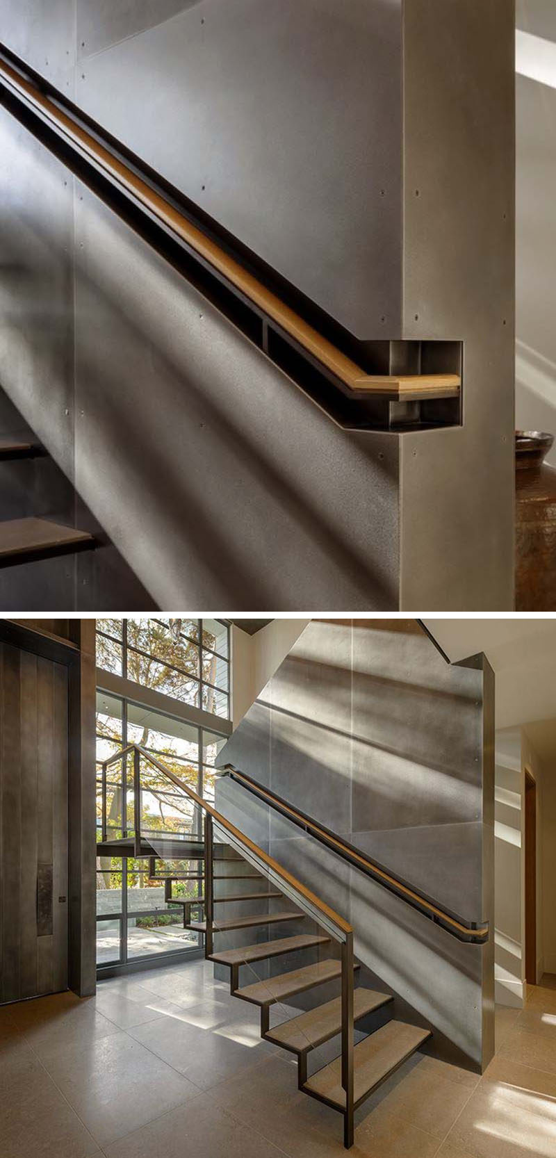 Stair Design Ideas - 9 Examples Of Built-In Handrails // This wood and steel handrail is built into a section of the wall for a more industrial look. #BuiltInHandrail #HandrailIdeas #HandrailDesign #StairDesign #Handrails