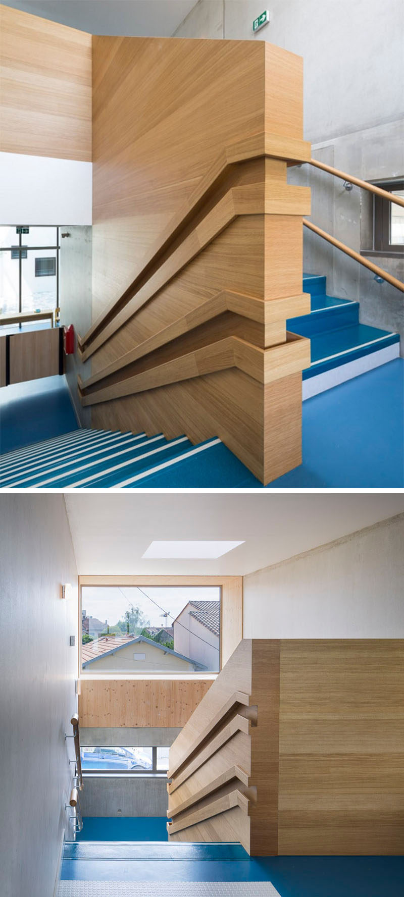 Stair Design Ideas - 9 Examples Of Built-In Handrails // These dual handrails in a day care have been built into the wood wall, making sure both the children and the adults have a space to hold on to. #BuiltInHandrail #HandrailIdeas #HandrailDesign #StairDesign #Handrails