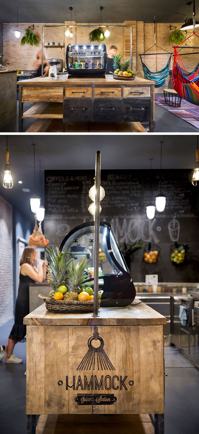 At the rear of this juice bar is the service area, with a wooden table featuring the juice bar logo.