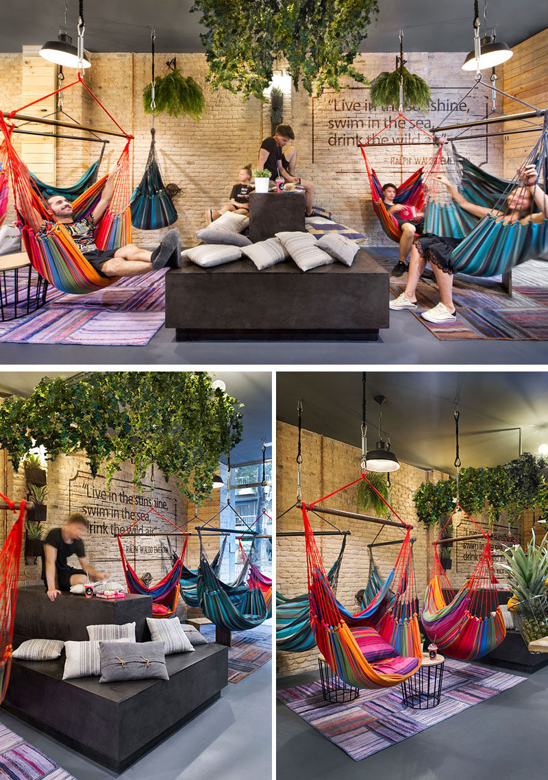 This juice bar takes relaxing to a whole new level with a selection of seating options, that include hammocks, benches, circular nooks and stationary bikes.