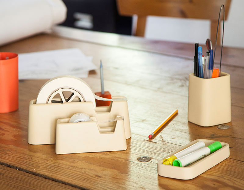 A concrete desk set with a pen holder, and tape dispenser will help keep space clutter free and stylishly organized.  #GiftIdeas #Architect #InteriorDesigner #ModernGiftIdeas #DeskAccessories #ConcreteAccessories