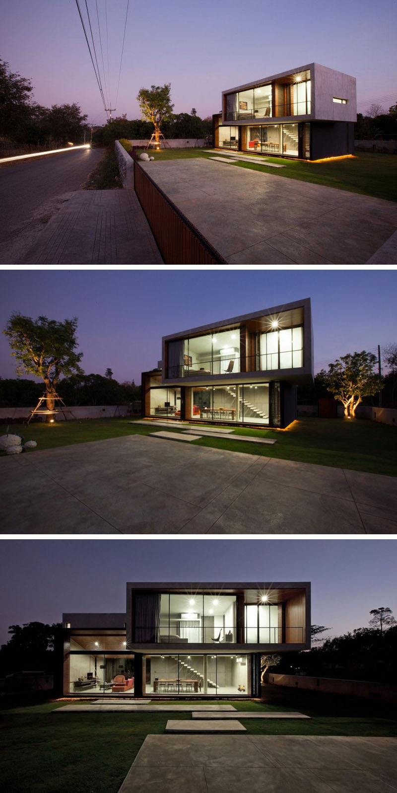 A small concrete wall defines the property line of this house, and a concrete path leads you to the entrance.