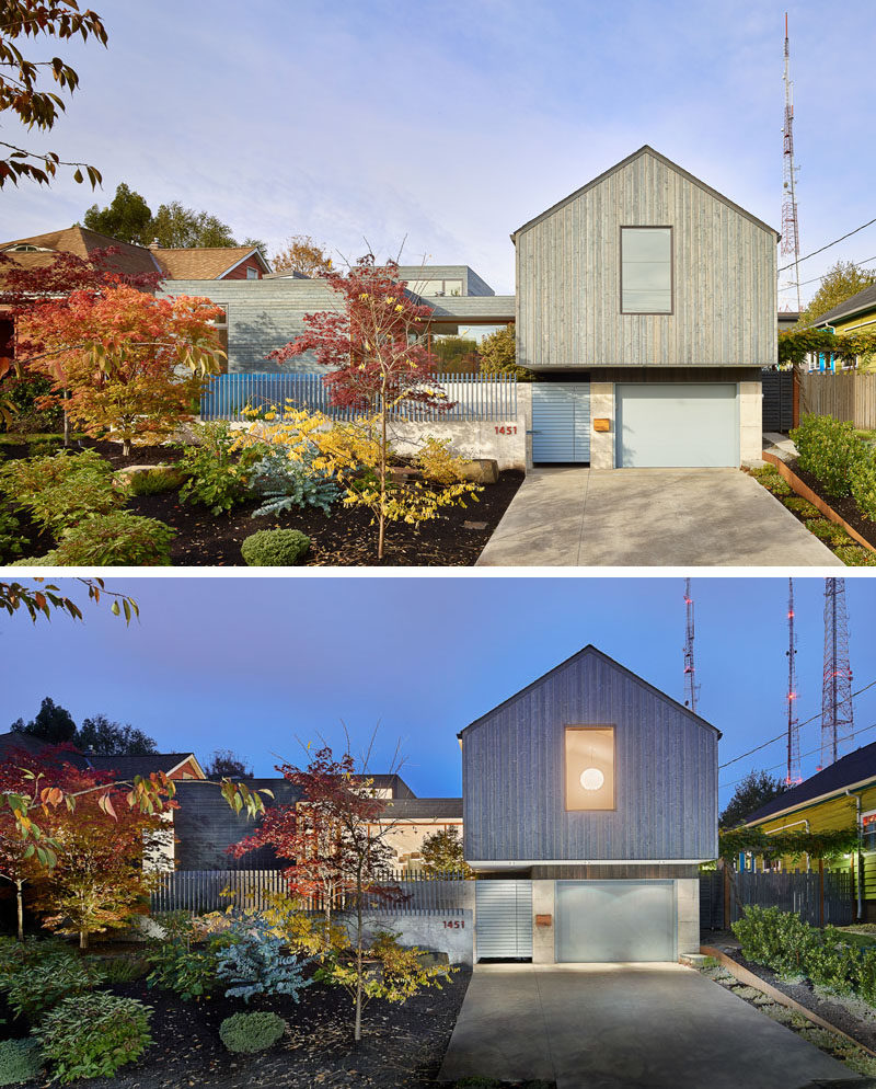 The contemporary home is clad in stained cedar, and includes a variety of custom features throughout, like the wood framed windows, while the flooring is a combination of polished concrete, tile, and myrtle wood.