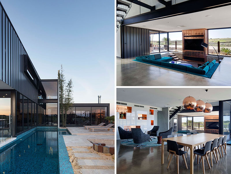 This modern home has a sunken living room, a plunge pool, a firepit and outdoor lounge area.