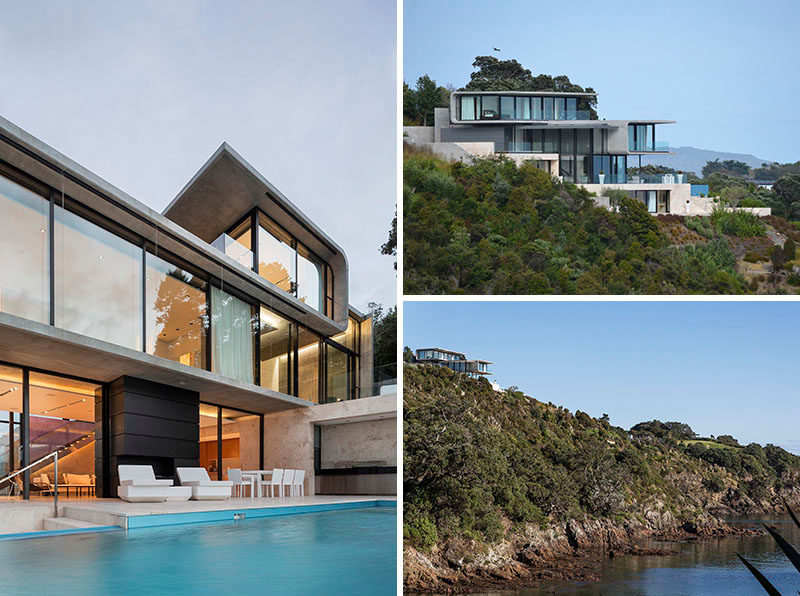 Archimedia in collaboration with their client, have designed this home that sits high up above a rocky cove on Waiheke Island in New Zealand.