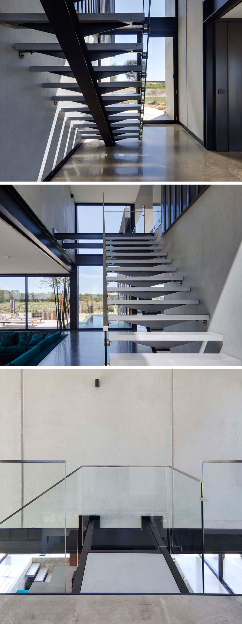 Light gray stair treads have been combined with black steel and a glass handrail to create a contemporary look for the staircase.