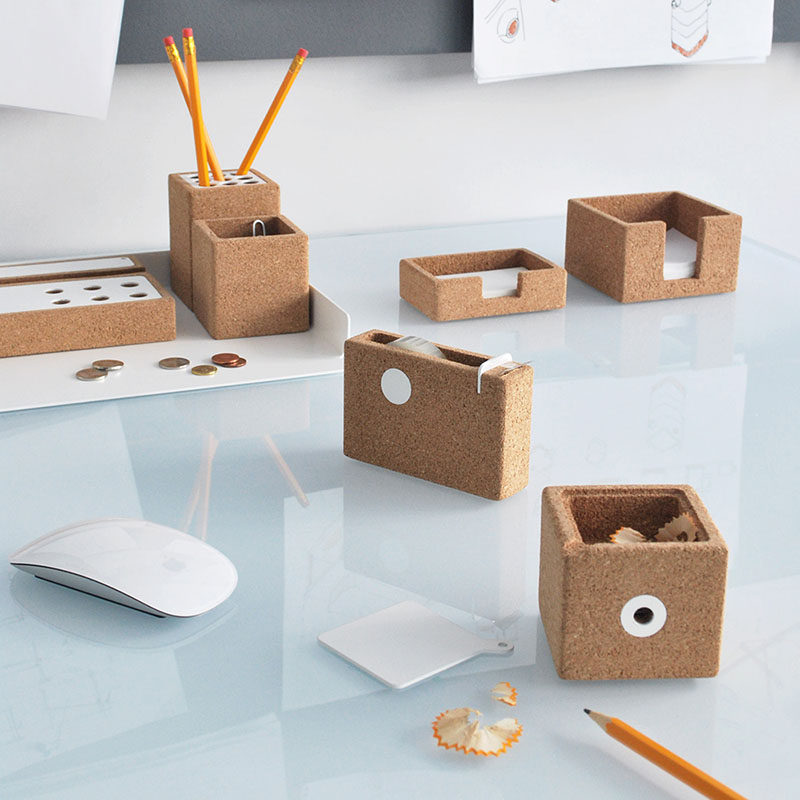 These cork desk organizers create storage solutions for things like pencils, paper, tape, and pencil shavings but also act as a convenient place to stick notes and reminders to. #GiftIdeas #Architect #InteriorDesigner #ModernGiftIdeas