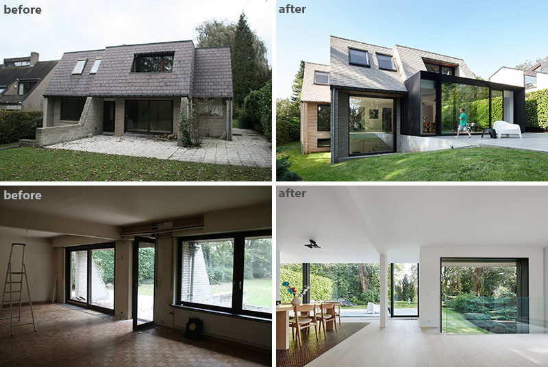 BEFORE & AFTER - This family home renovation transformed an old, dated and closed-in home into a bright, open and modern home that takes advantage of the backyard views.