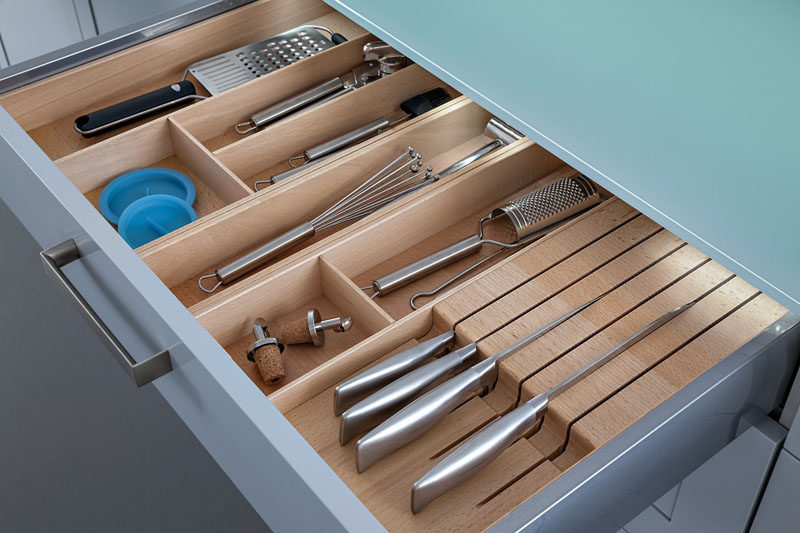 Kitchen Drawer Organization - Design Your Drawers So Everything Has A Place // The blades of the knives stored in this drawer are completely encased by the wood, preventing any accidental cuts and ensuring you pick up the knife from the right spot.