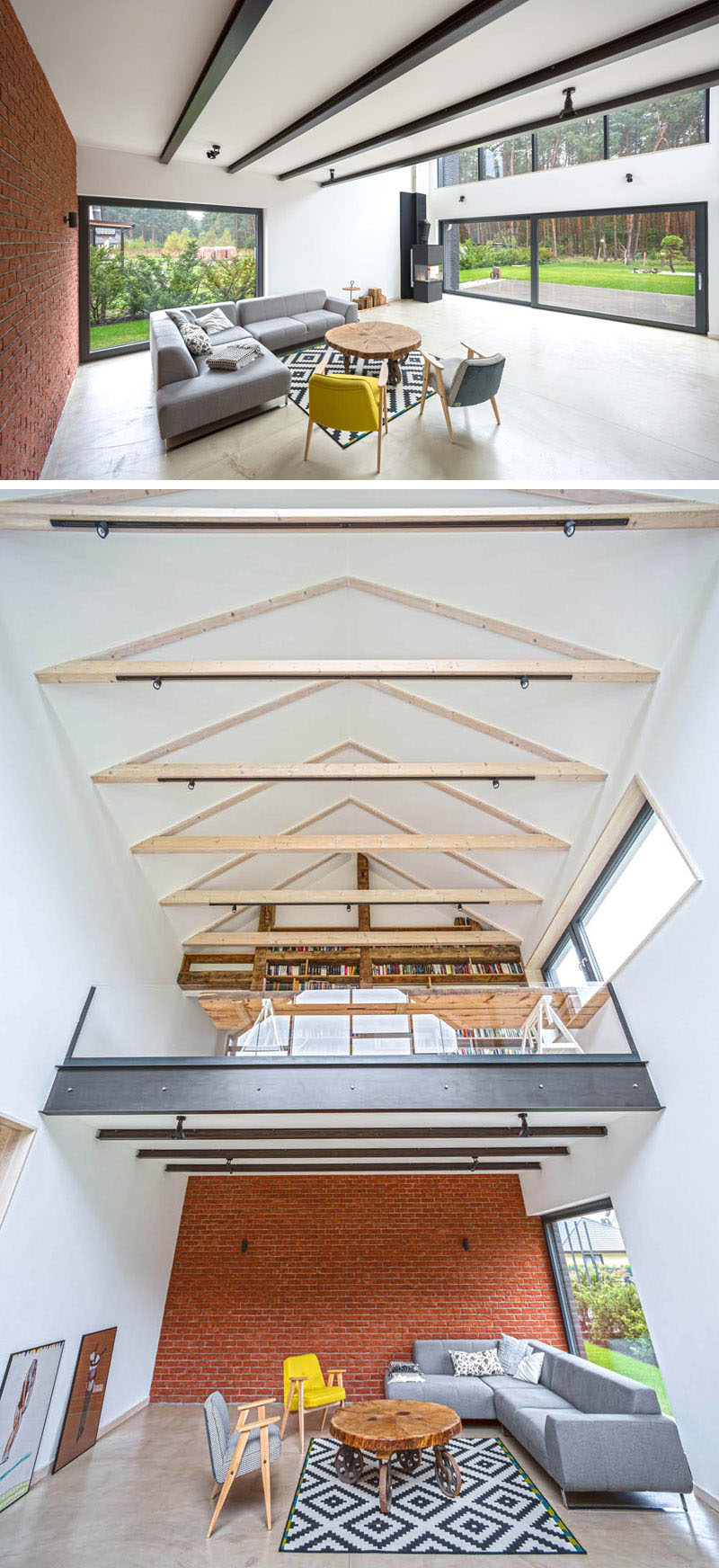 This large open-plan living room opens up to the backyard via large sliding glass doors. Above the living room, there's a mezzanine with small reading/library area.