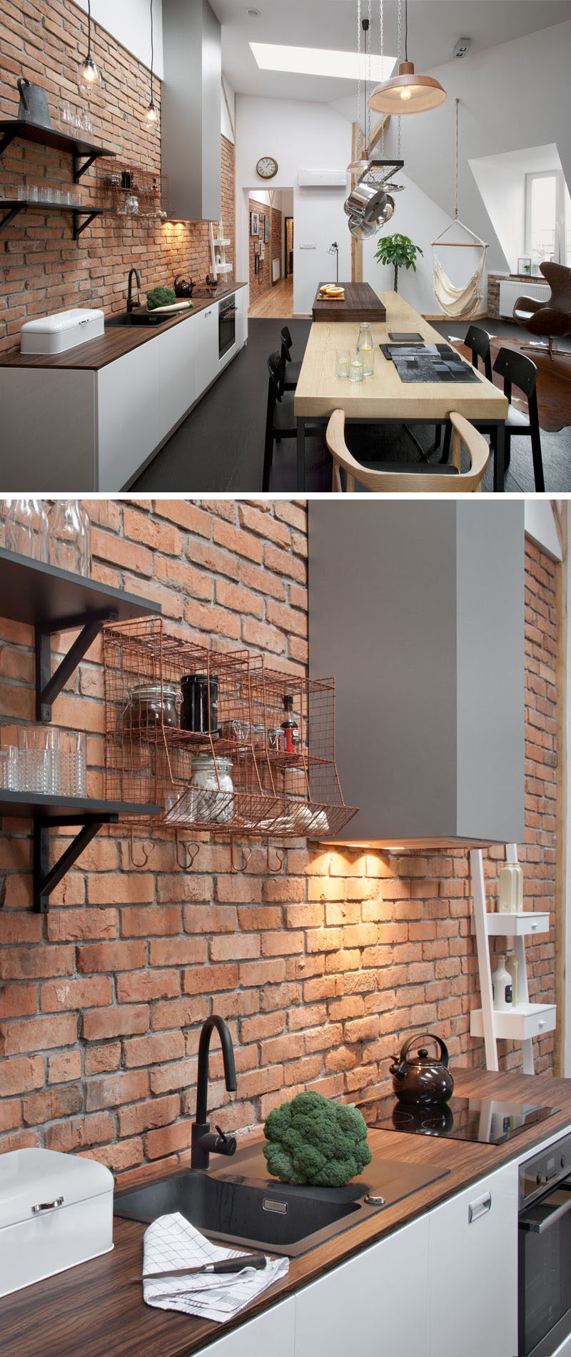Throughout the apartment there are bright white walls, touches of brick and wood, which all pair nicely with the wood and dark charcoal gray tiled flooring.