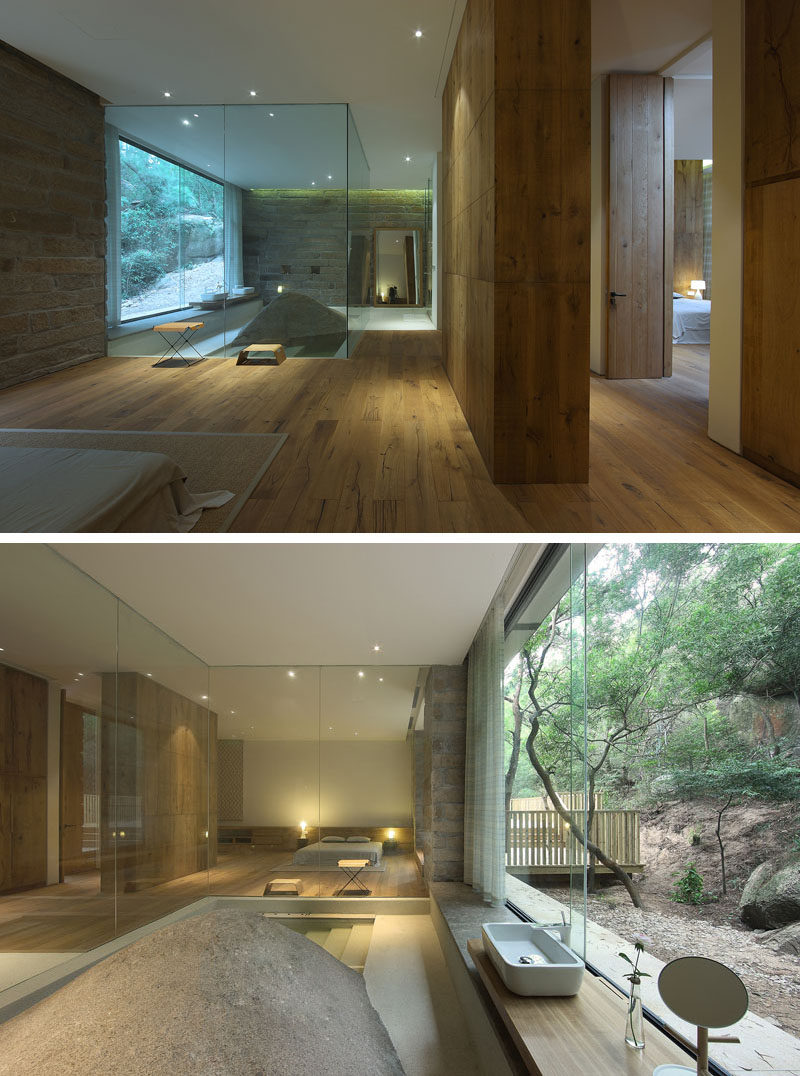 This master bath was build around a naturally occurring boulder.