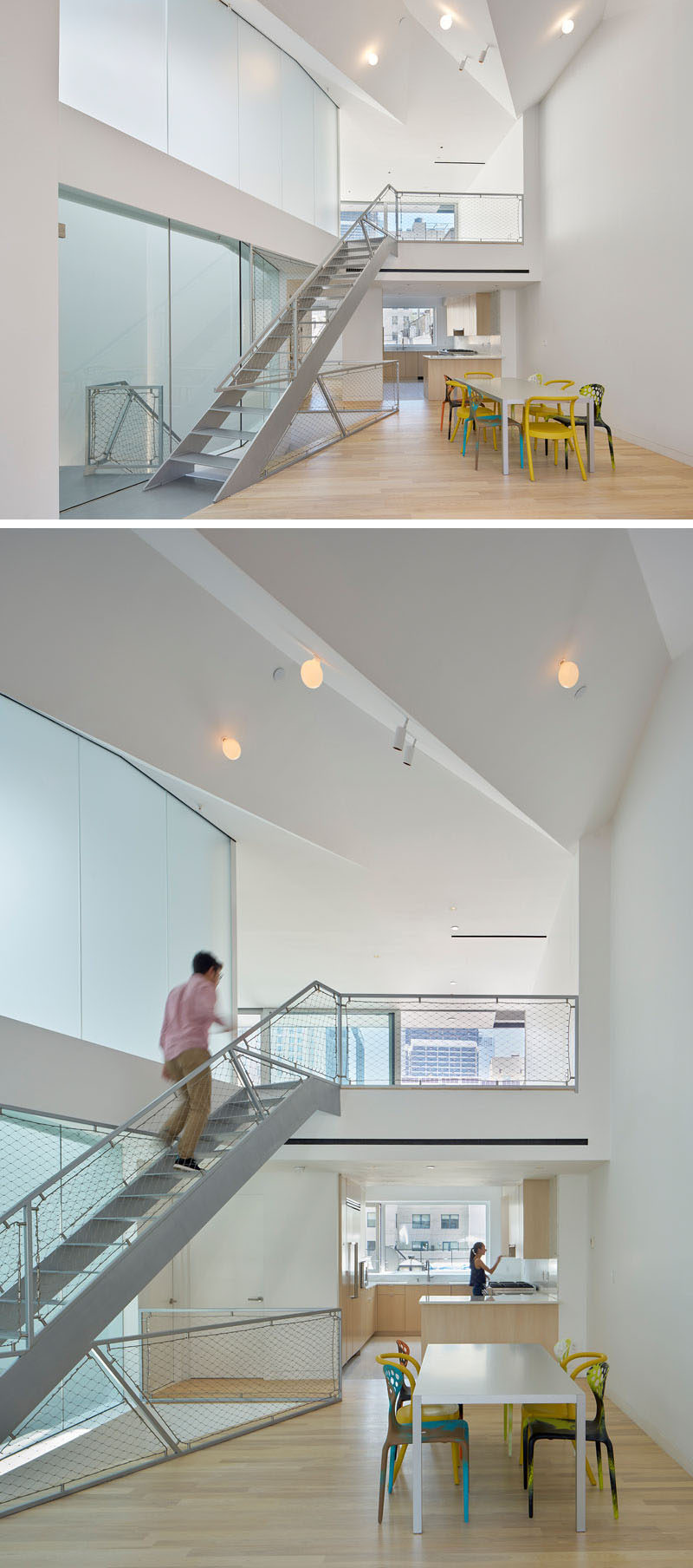 The penthouse apartment in New York has a high ceiling and lofted bedroom.