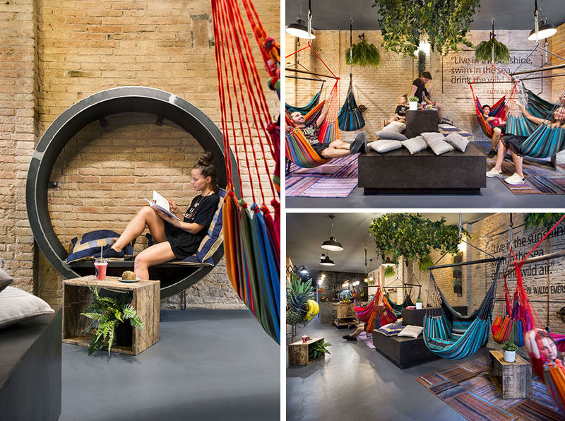 This juice bar takes relaxing to a whole new level with a selection of seating options, that include hammocks, benches, circular nooks and stationary bikes.