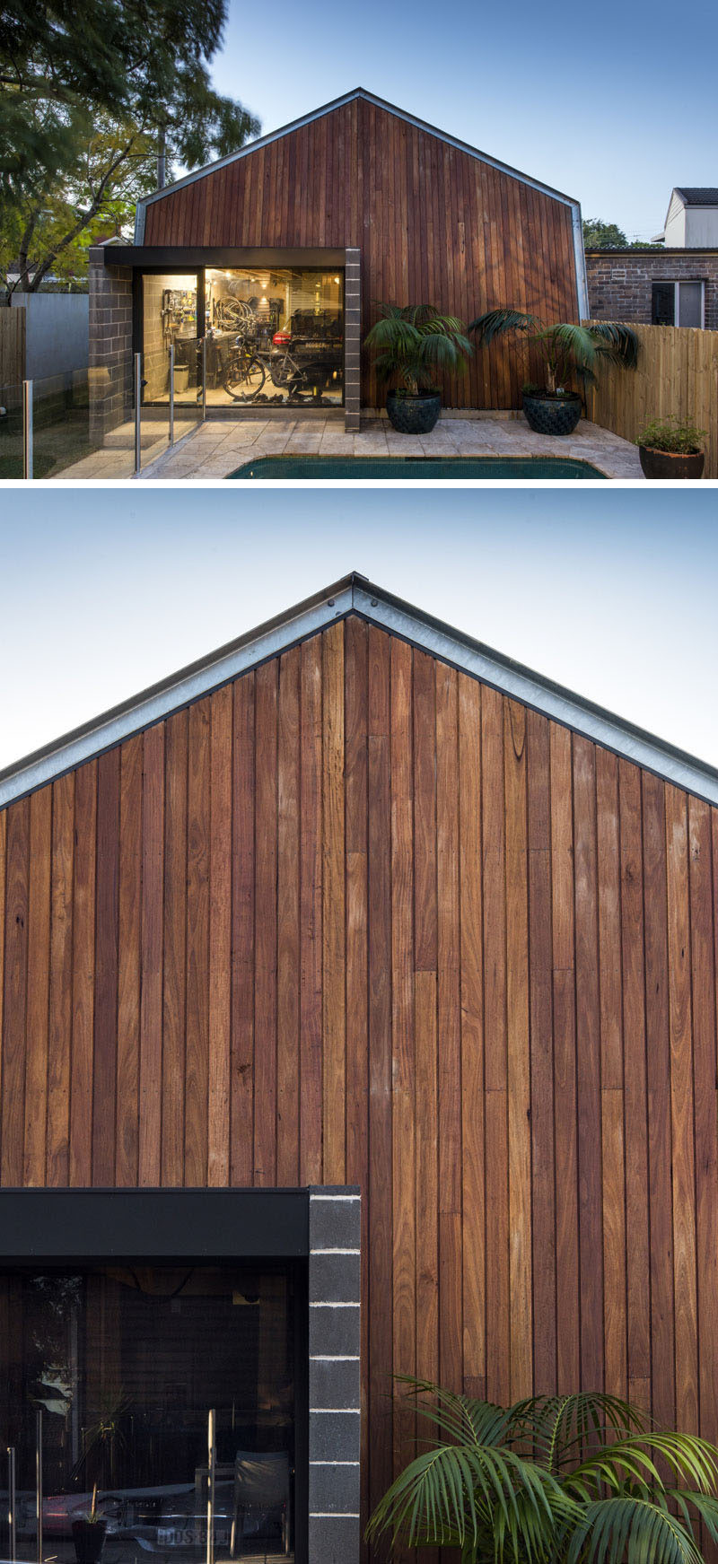 This modern wood-covered garage provides plenty of storage for the home owners large collection of outdoor sporting goods.