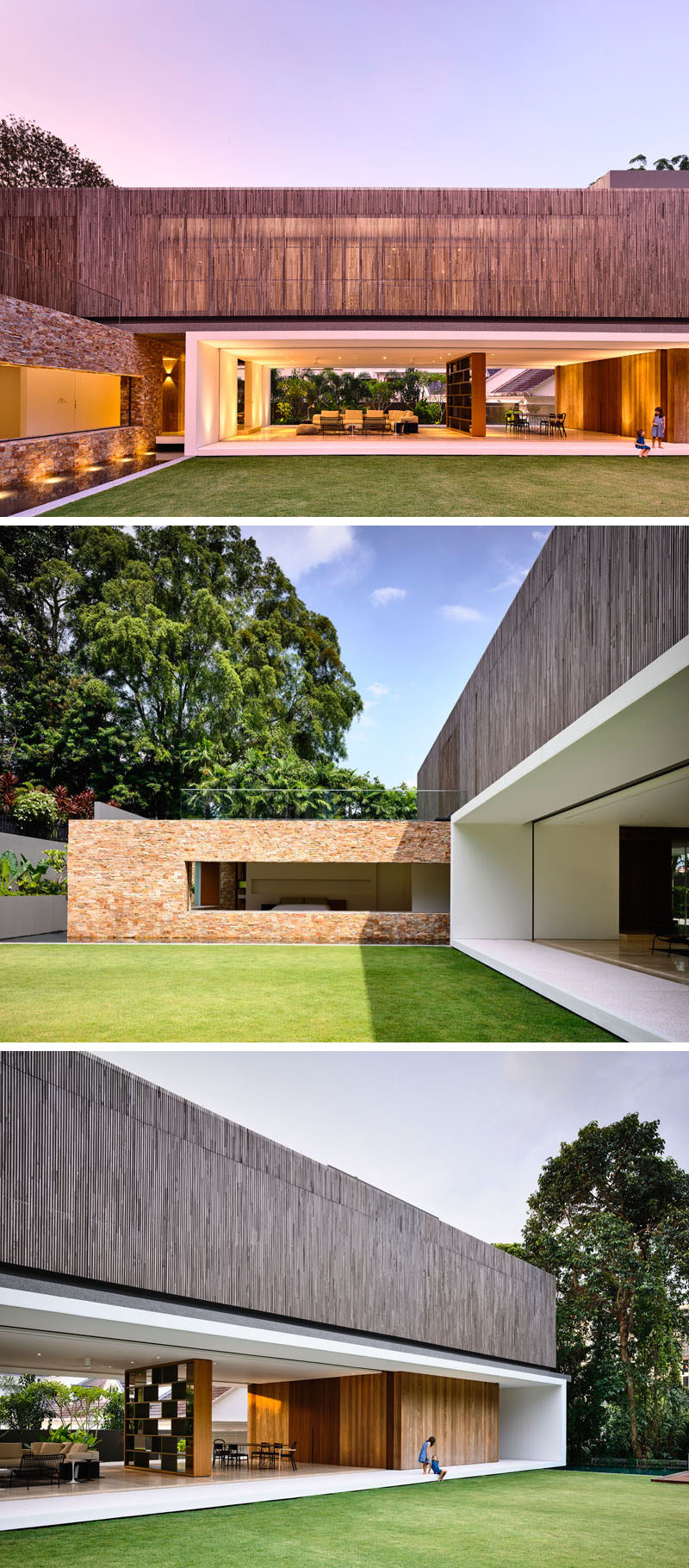 The main living level of this home completely opens up to the grassy backyard, and on the other side of the home there's lush tropical plants.