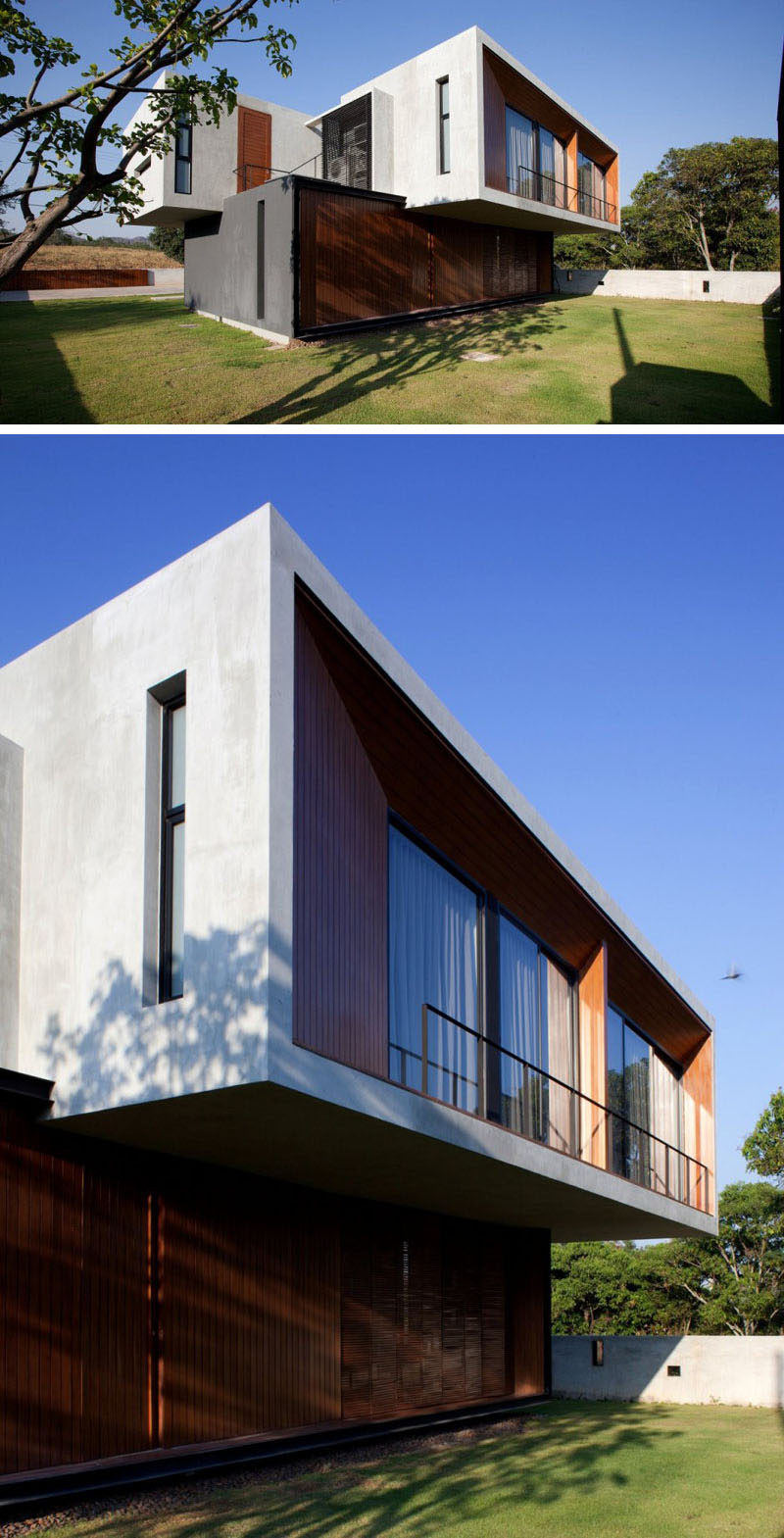 At the rear of this home, a wall of wooden shutters provides privacy and protection from the elements.