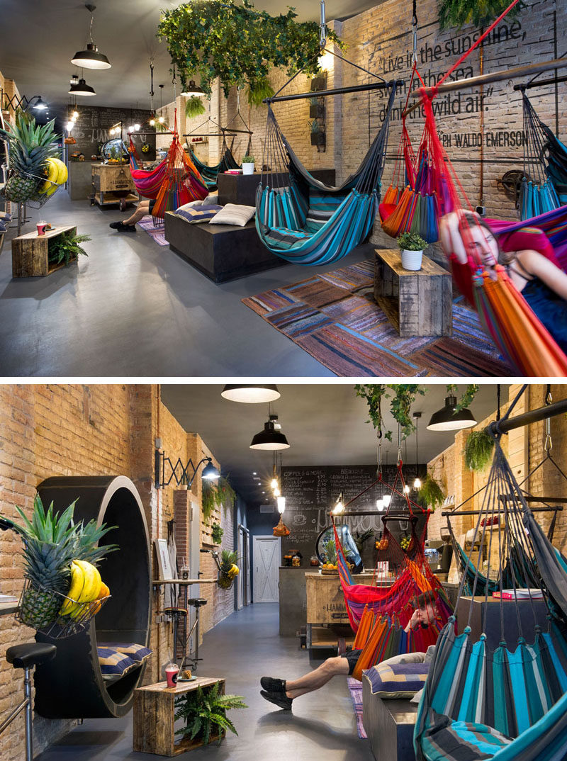 Bright colors in the rugs and hammocks, as well as the hanging plants, liven up this juice bar. While the hammocks can swing around to chat to your hammock neighbor.