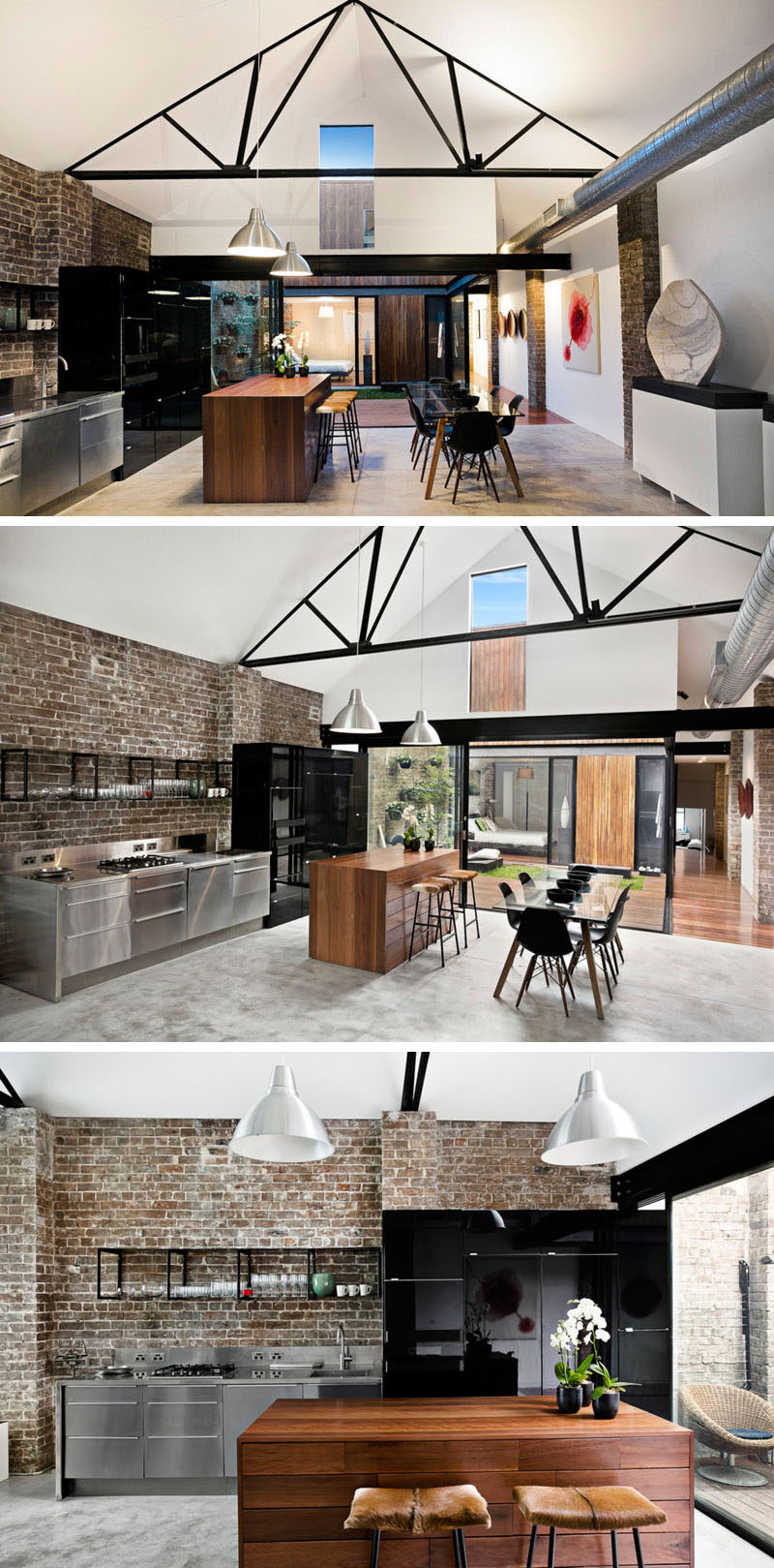 Vaulted white ceilings and with contrasting black frame work draws the eye upwards, and black cabinetry in the kitchen and black chairs around the dining table help to create a cohesive look. 