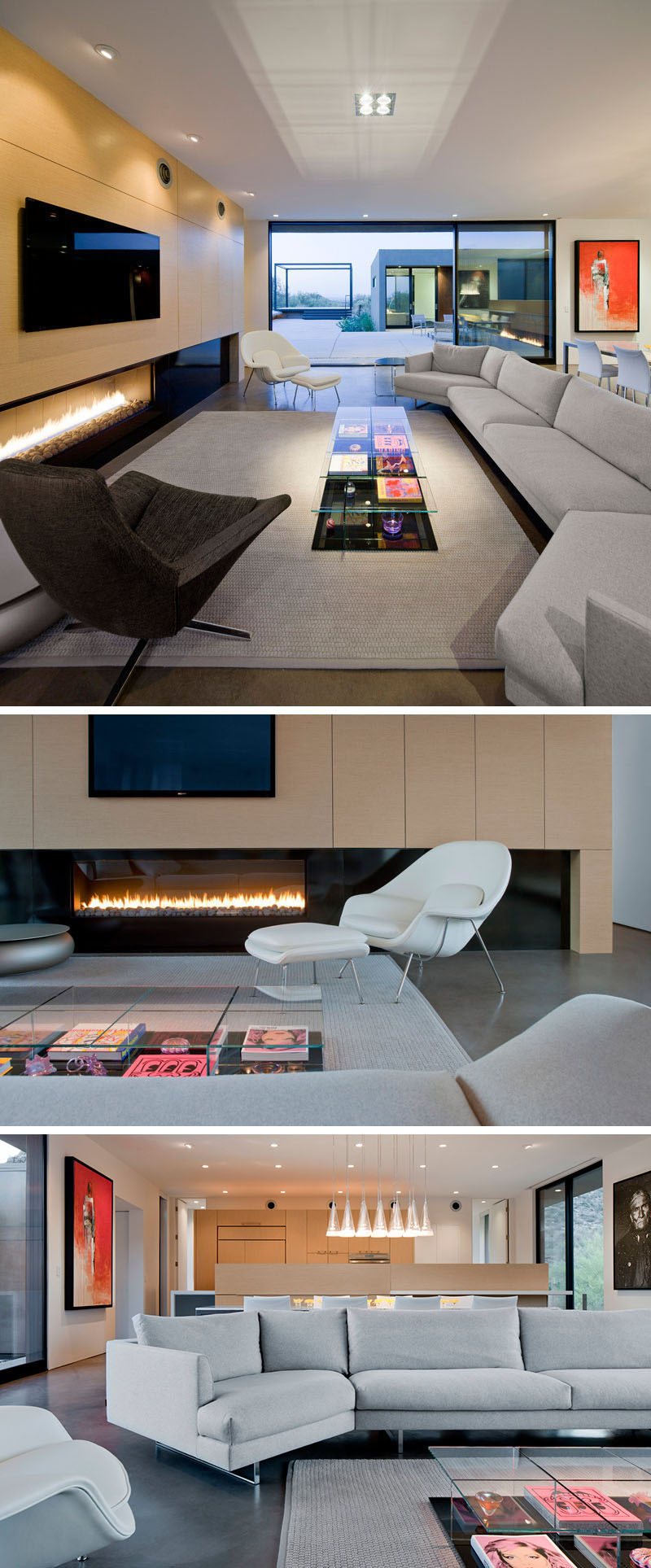 This contemporary living room is focused on wall with a long horizontal fireplace and television.