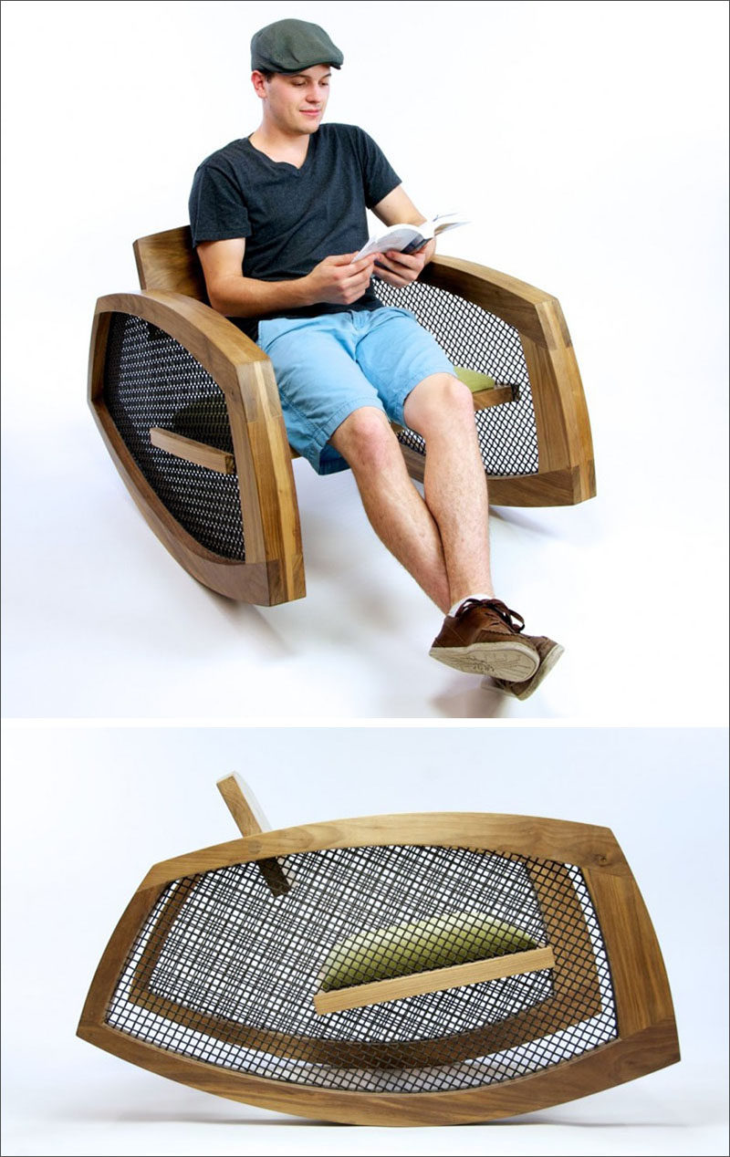 The seat of this modern rocking chair is suspended between the wire mesh that makes up the sides of chair. #ModernRockingChair #RockingChair #SeatingDesign #FurnitureDesign