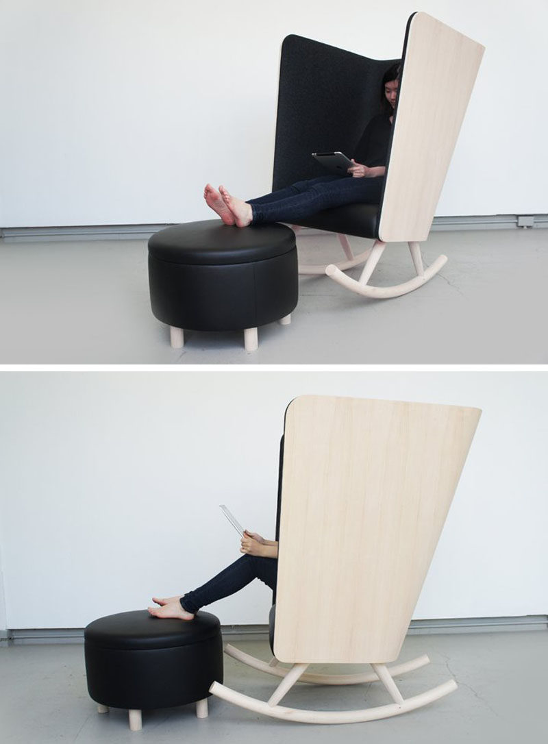 The super high sides and back of this rocking chair and the felt around it create a temporary escape from the rest of the world. #ModernRockingChair #RockingChair #SeatingDesign #FurnitureDesign