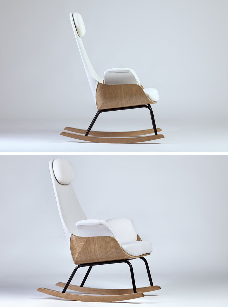 The tall back on this modern rocking chair gives it lots of support and makes it great in a nursery. #ModernRockingChair #RockingChair #SeatingDesign #FurnitureDesign #NurseryFurniture