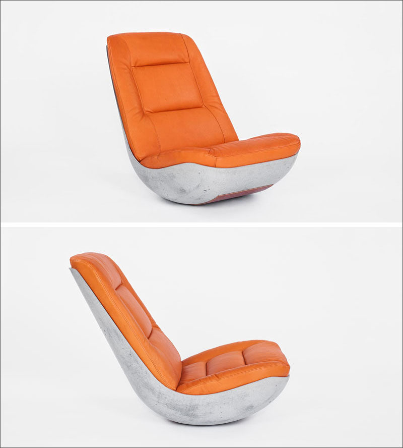 The bottom of this concrete and leather chair is rounded just enough to create a soft rock when you sit in it. #ModernRockingChair #RockingChair #SeatingDesign #FurnitureDesign