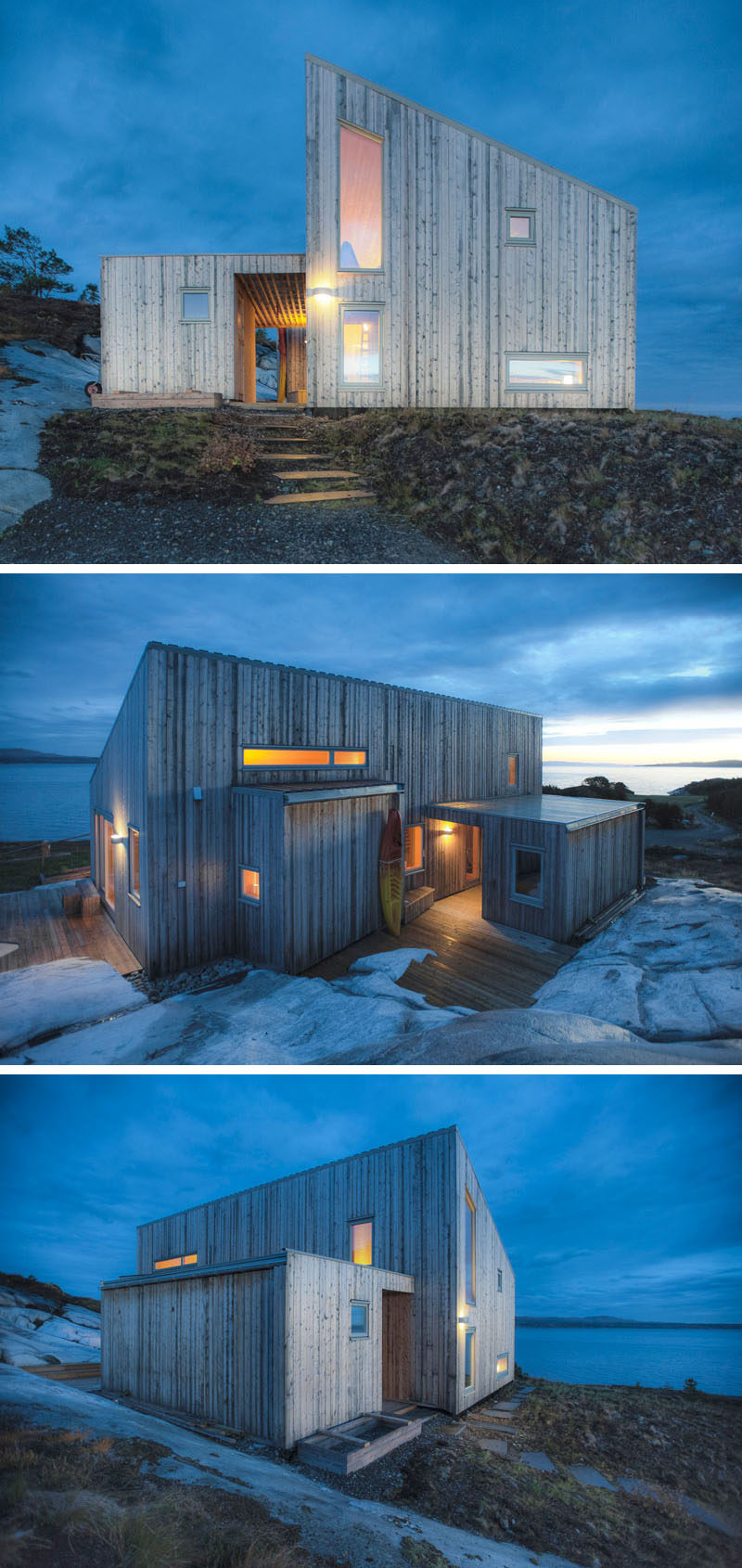 This small wood cabin sits on the rocky coast of Norway