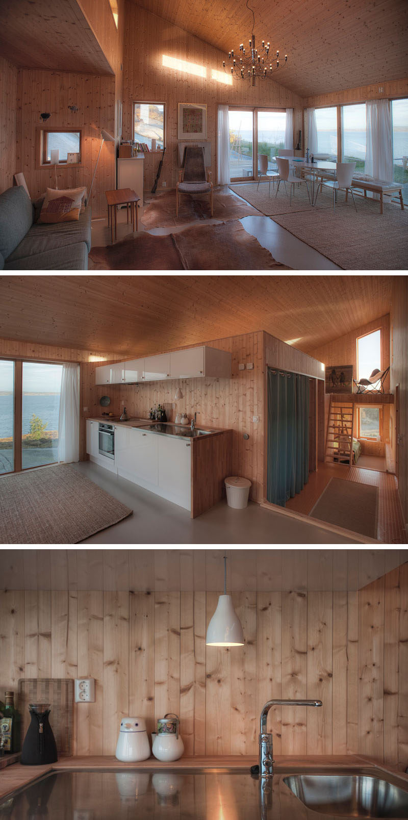 This wooden cabin features an open living, dining and kitchen area with lots of windows to let natural light in and to take advantage of the water views.