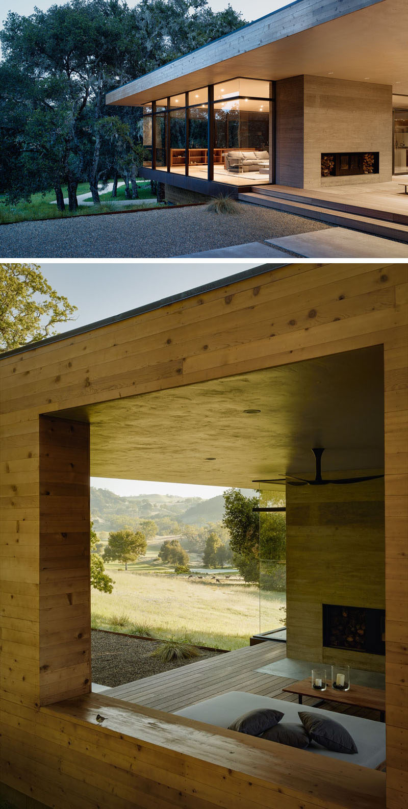 This outdoor fireplace has a concrete surround and space for firewood storage.