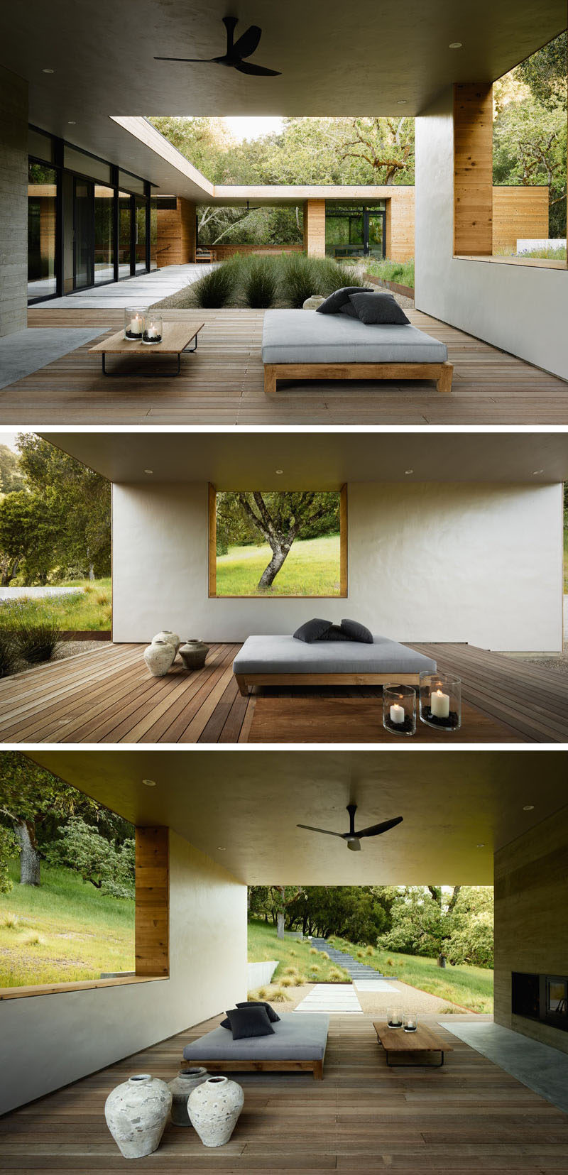 This home has a covered outdoor living room with a day bed and fireplace. A cut-out in the wall perfectly frames a single tree.