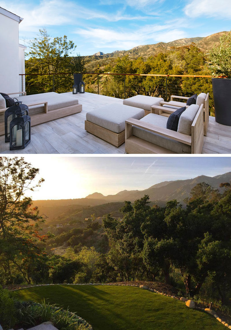 Just off the master bedroom/bathroom in this contemporary home, is a private balcony with views of the trees and the backyard below.