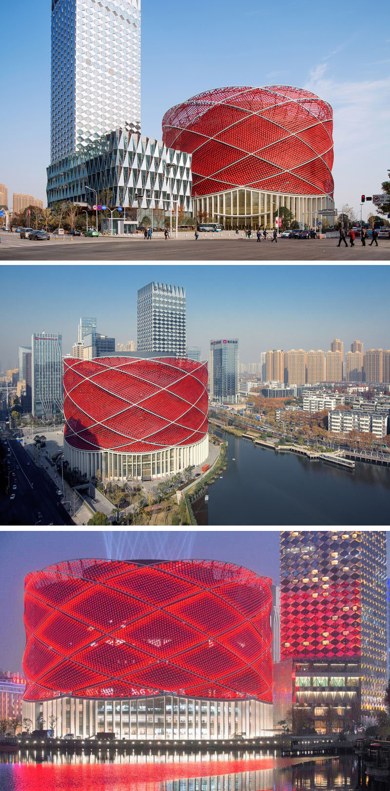 11 Red Houses And Buildings That Aren't Afraid To Make A Statement // Red concave aluminum disks are used to create the look of a red Chinese paper lantern on the exterior of this entertainment theatre.