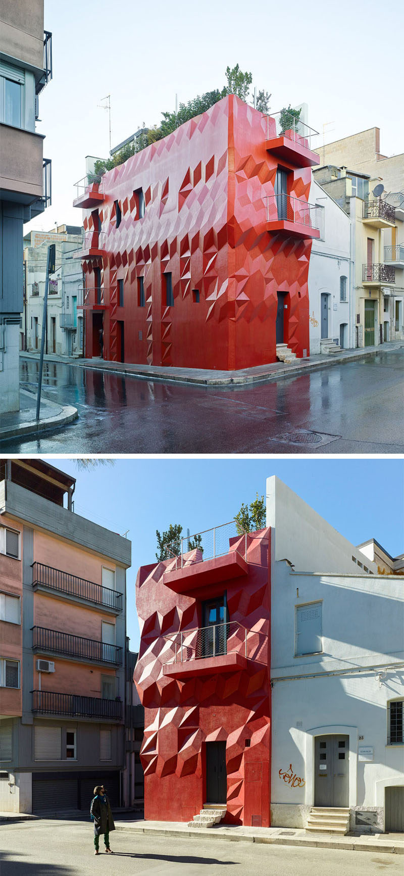 11 Red Houses And Buildings That Aren't Afraid To Make A Statement // 3D diamonds seem to pop off the exterior of this bright red building and make it stand out from its neighbours even more.