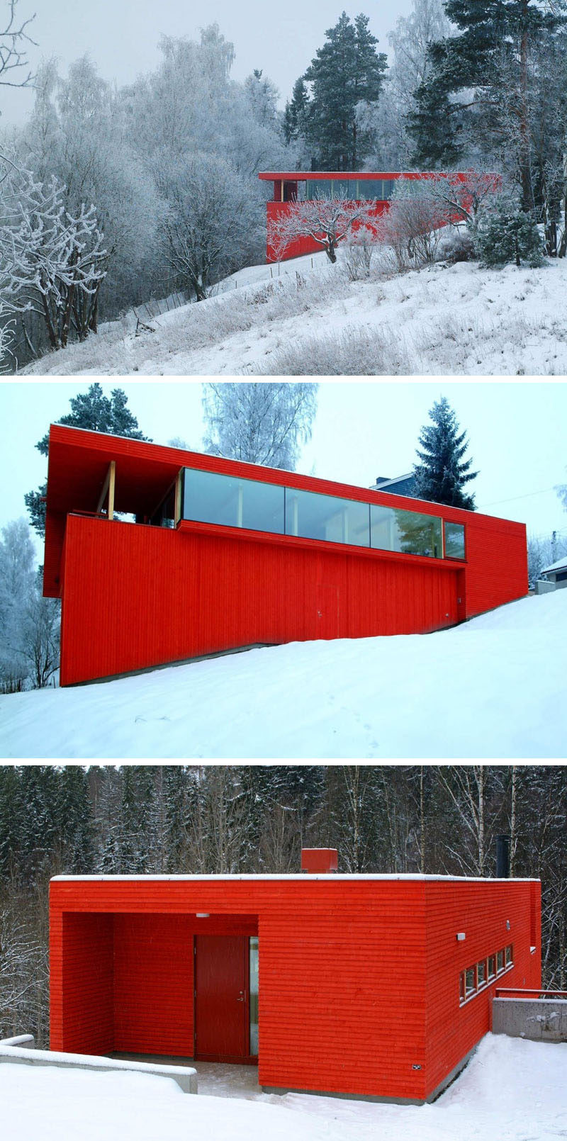 11 Red Houses And Buildings That Aren't Afraid To Make A Statement // Bright red siding covers the exterior of this home and contrasts the snow that covers the ground most of the year.