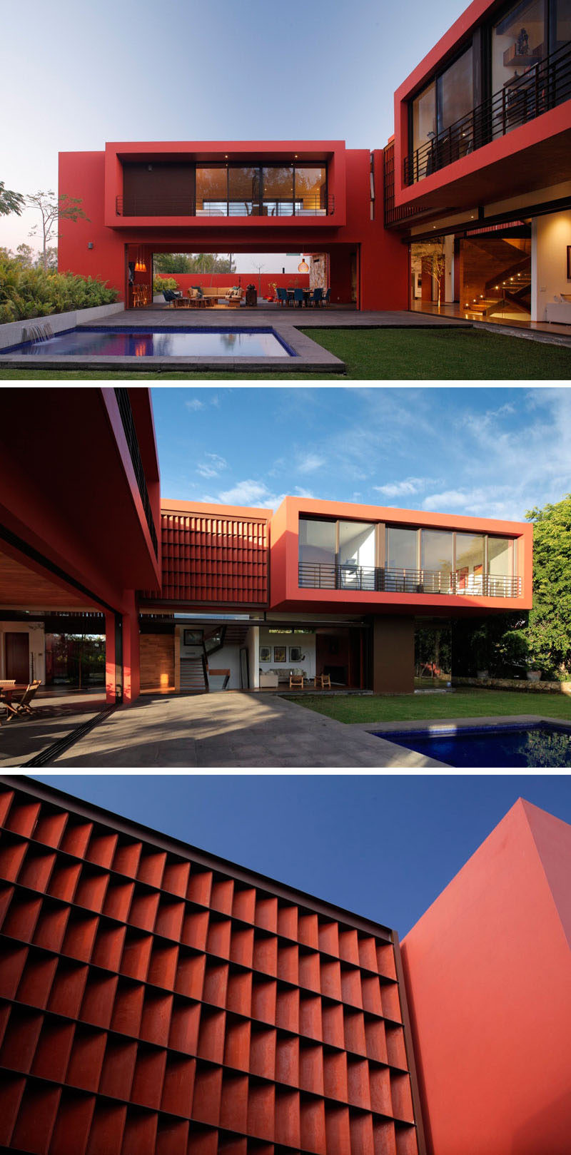 11 Red Houses And Buildings That Aren't Afraid To Make A Statement // Even though the exterior of this house is completely red, the openness of the bottom floor prevents the color from feeling overpowering or overwhelming.