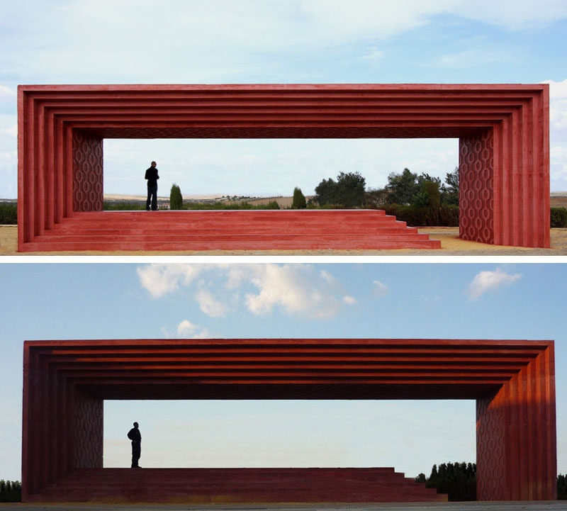 11 Red Houses And Buildings That Aren't Afraid To Make A Statement // This red monument in honor of Pedro Almodovar was designed to use the landscape to create a look similar to one of the directors movies.