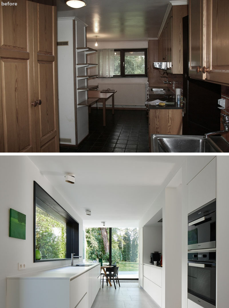 This kitchen received a dramatic makeover, with the old dated cabinets and dark floors replaced with bright white cabinets and a light floor. The windows were replaced and the kitchen now looks out onto the backyard through floor-to-ceiling windows.