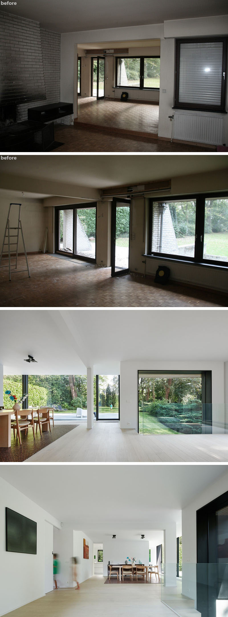 Before & After - The living areas were separated and didn't take advantage of beautiful backyard views, now the interiors have been opened up and are bright white, making the space feel modern and allowing you to focus on the plants outside.