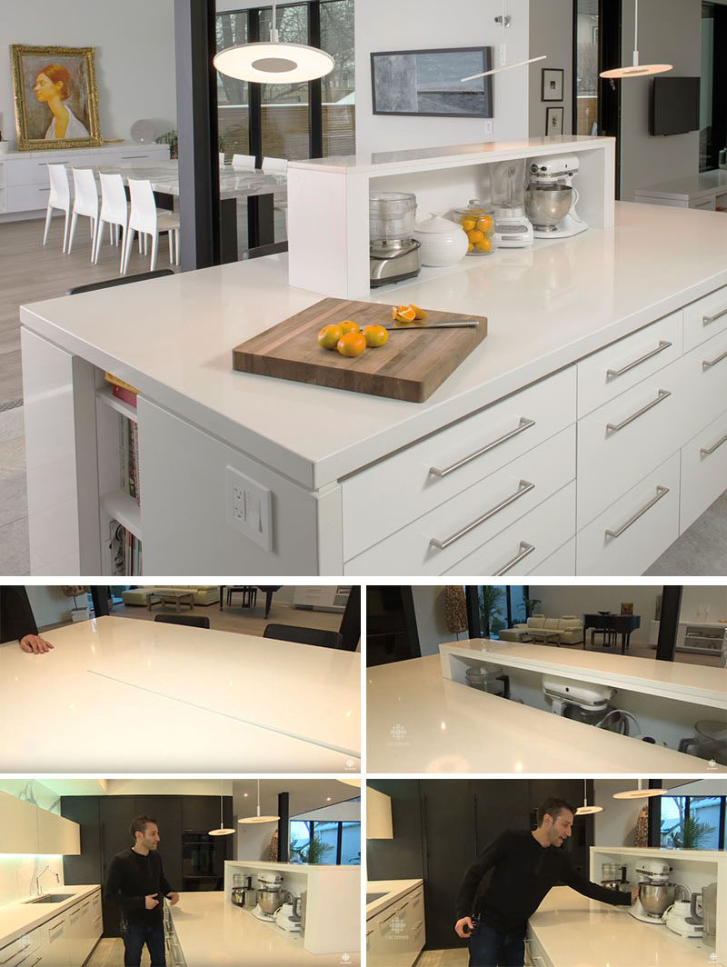 Kitchen Design Idea - Store Your Kitchen Appliances In A Dedicated Appliance Garage // This appliance garage rises up out of the kitchen island when you need it and pops back down when you're done to give you full use of the counter tops, and it doesn't take up any cabinet or cupboard space.  #ApplianceGarage #KitchenIdeas #KitchenDesign