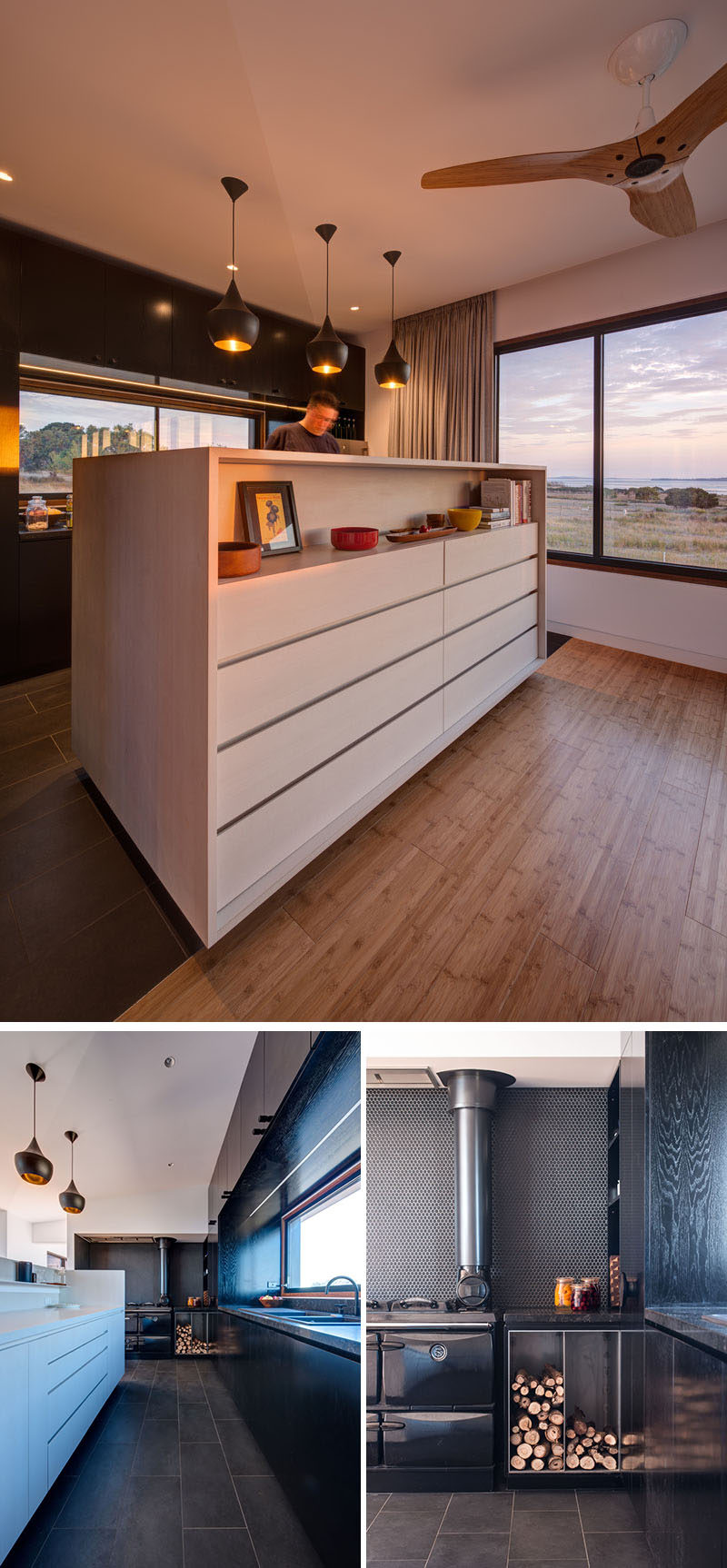 In this kitchen, a tall island hides the countertop and provides storage. There's also a wood burning stove to cook on.