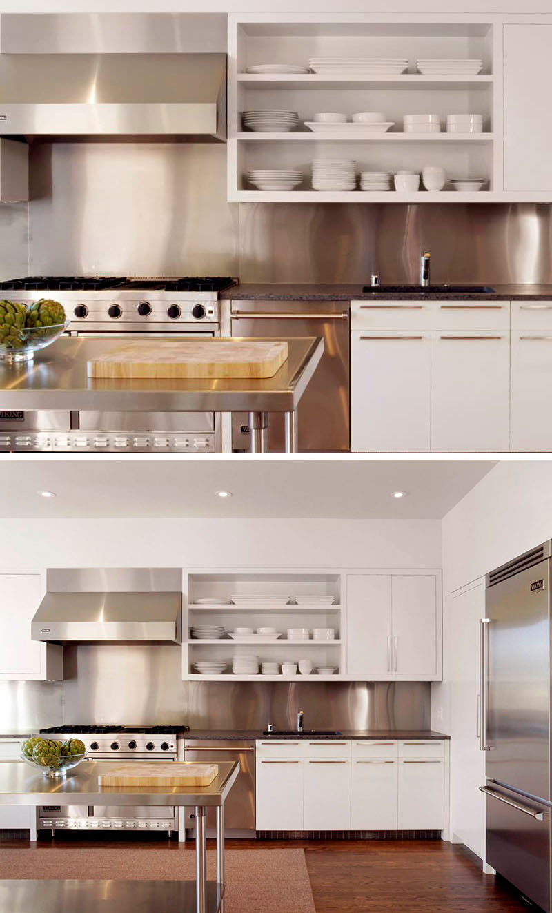 Kitchen Design Idea - Stainless Steel Backsplash // This kitchen's stainless steel backsplash matches the appliances and island to keep the kitchen looking unified.