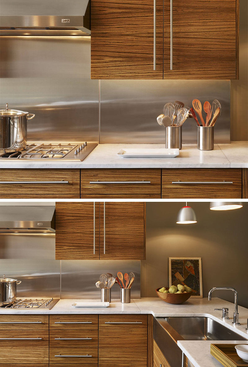 Kitchen Design Idea - Stainless Steel Backsplash // All of the stainless steel details like the sink, hardware, and utensil holders, work with the stainless steel backsplash and make this kitchen cohesive and put together.